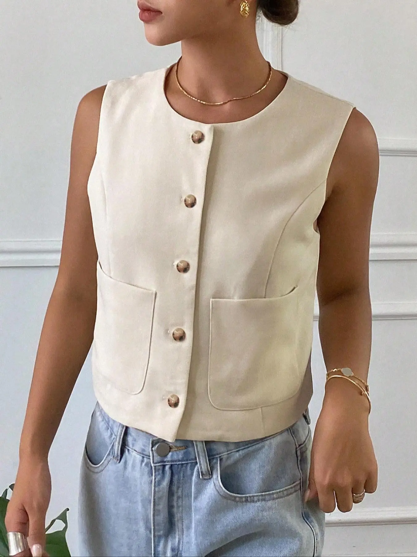 Women's Solid Color Vest Jacket, Casual Sleeveless Open Front Outerwear for Daily Wear, Ladies Clothes for Spring & Fall