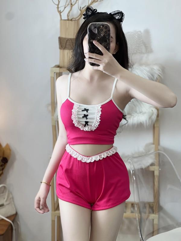 Set Bộ Mặc Nhà Nữ Áo 2 Hai Dây Đính 3 Nơ Quần Đùi Chất Thun Gân Tăm