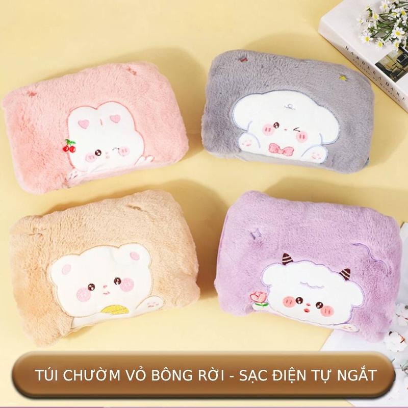 Túi sưởi hình Cute lông mềm, vỏ rời, sạc điện tự ngắt, túi chườm nóng giảm đau bụng kinh, sưởi ấm tay chân