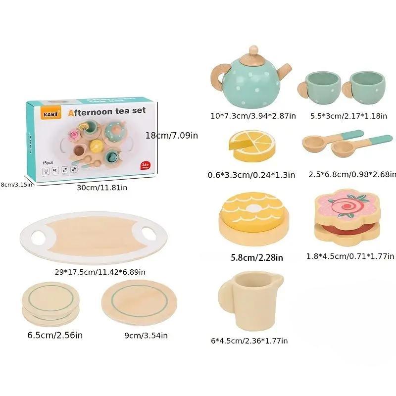 15pcs/set Play House Afternoon Tea Set, Wooden Dessert Cake Selling Tea Pot Cup Tea Set Pretend Play Toy, Stocking Filler, Kitchen Accessories Play Food Play Set 2