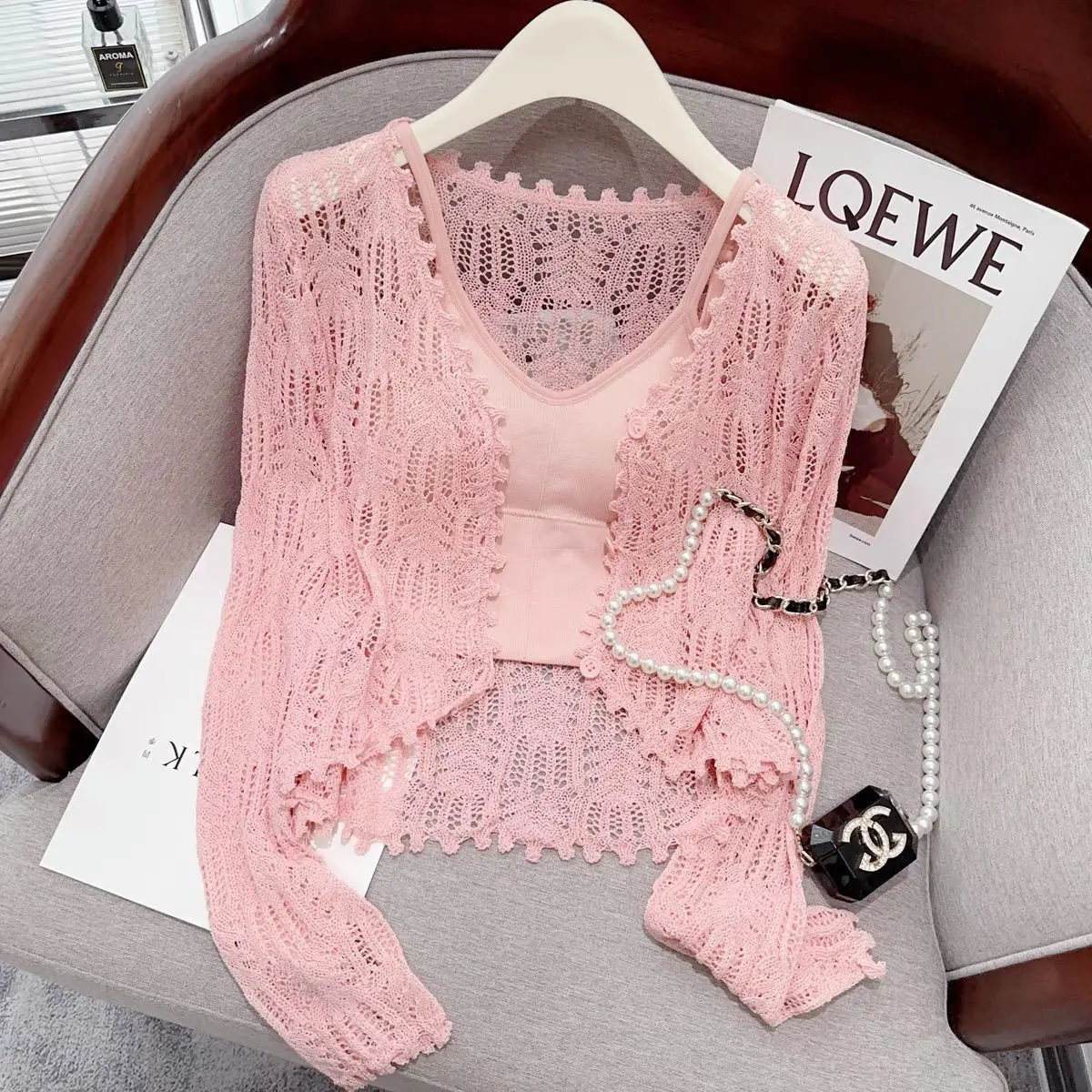 Áo Cardigan Dệt Kim Mỏng Lụa Lạnh Hàng Mới Về Mùa Hè 2023, Khăn Choàng Khoét Lỗ Ngắn, Áo Mặc Bên Ngoài Váy Nữ, Chống Nắng