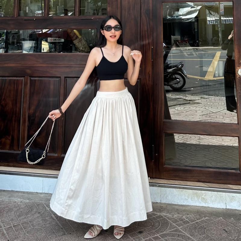Chân váy mixxi linen xoè dài, chân váy linen bồng xoè có hai chiều dài 90cm và 95cm, hàng thiết kế Dens.clothing