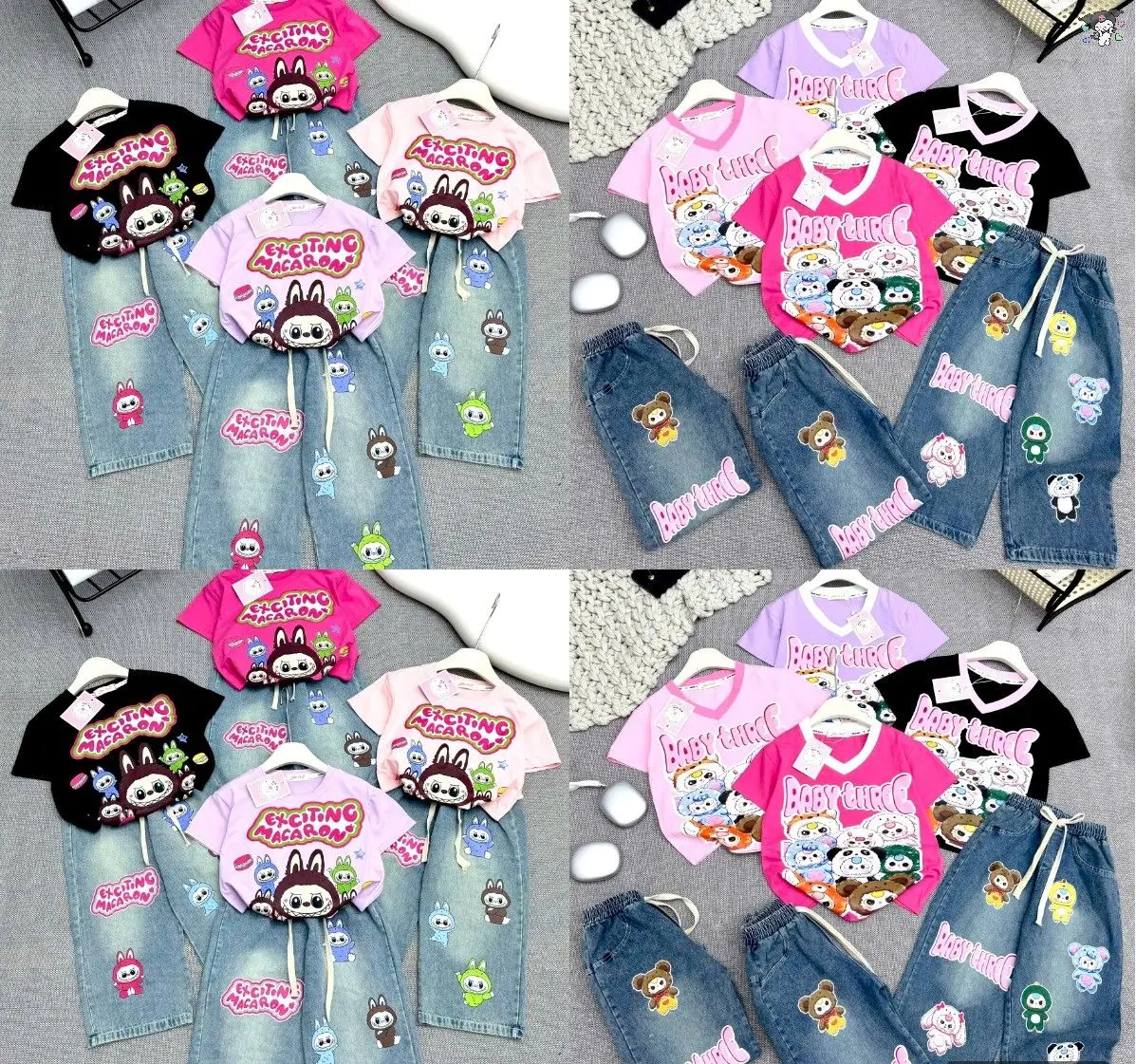 [MinMinKid3] (19-50kg, dưới 1m5) Set áo thun cotton phối quần jean dài IN TRÀN HÌNH LABUBU, BABY THREE hot hit cho bé gái