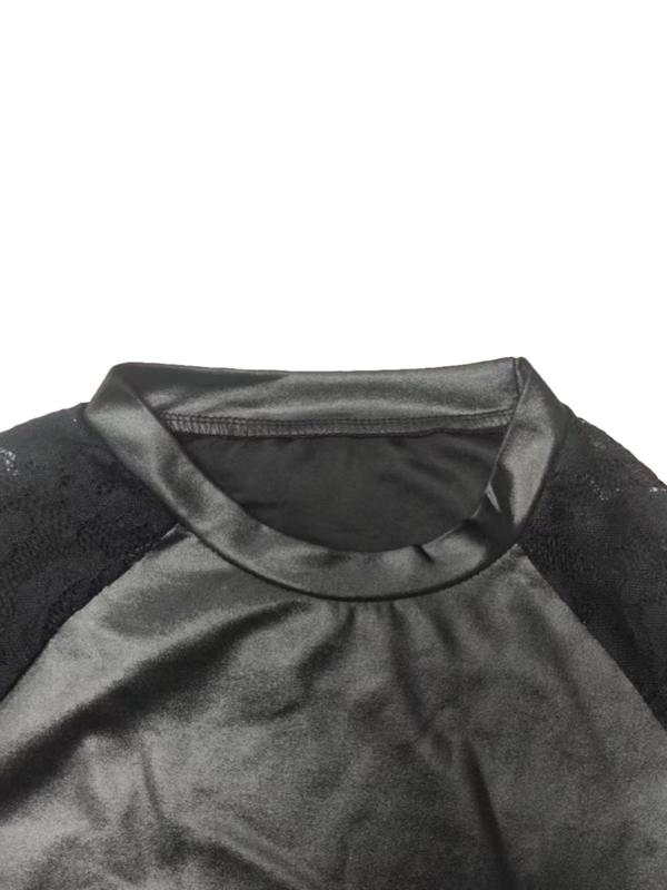 Women's Contrast Leather Lace Mock Neck Tee, Classy Solid Raglan Sleeve T-shirt for Summer, Ladies Clothes for Daily Wear Party Club 5