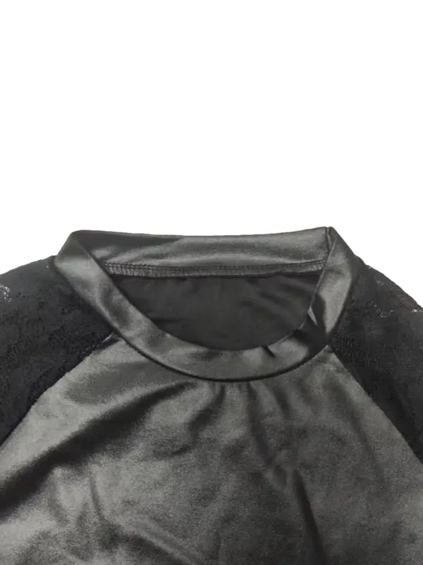 Women's Contrast Leather Lace Mock Neck Tee, Classy Solid Raglan Sleeve T-shirt for Summer, Ladies Clothes for Daily Wear Party Club 5