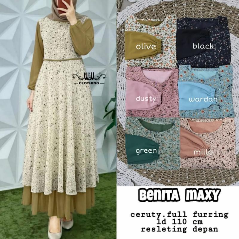 Product Introduction of Benita Maxy Dress Busui Resleting Depan Gamis Ceruty Full Furing  Gamis Kondangan Penikahan Motif Bunga Mewah Elegan Best Seller 16