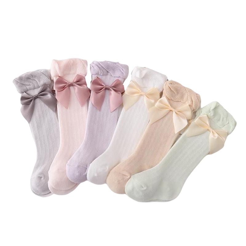 Product Introduction of Girl's Solid Color Socks, Breathable Long Tube Socks with Big Bowknot Decor for Spring and Autumn 28