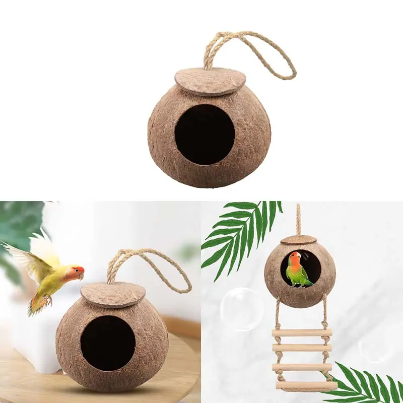 Gecko Coconut Husk Hut, Bird Hut Nesting House Hideouts with Ladder, Coco Texture Provide Food, Durable Cave Habitat with Hanging Loop for Leopard Gecko, Reptiles, Amphibians and Small Animals