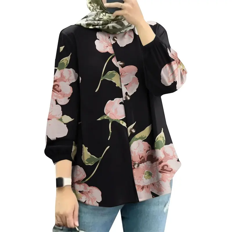 PRETTY Women Muslim Daily Fashion Long Sleeves Puff Sleeves Round Neck Floral Printing Shirts