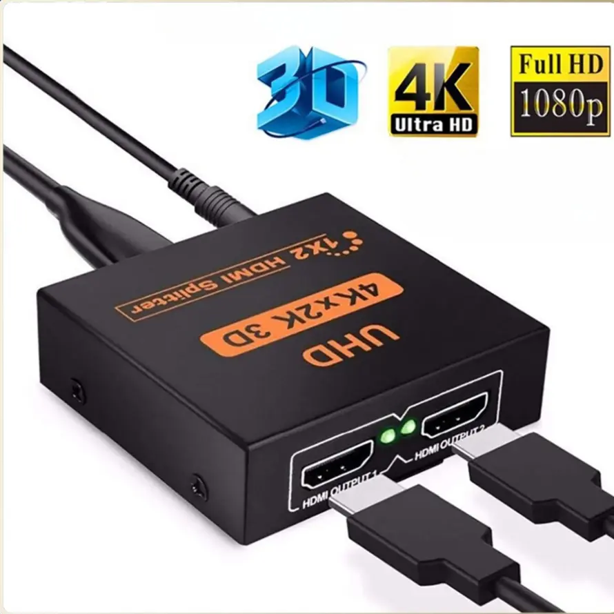 1 In 2 Out 1 In 4 Out HDMI Splitter Amplifier 1080P 4K Dual Display Converter with Power Adapter for HDTV DVD HDMI