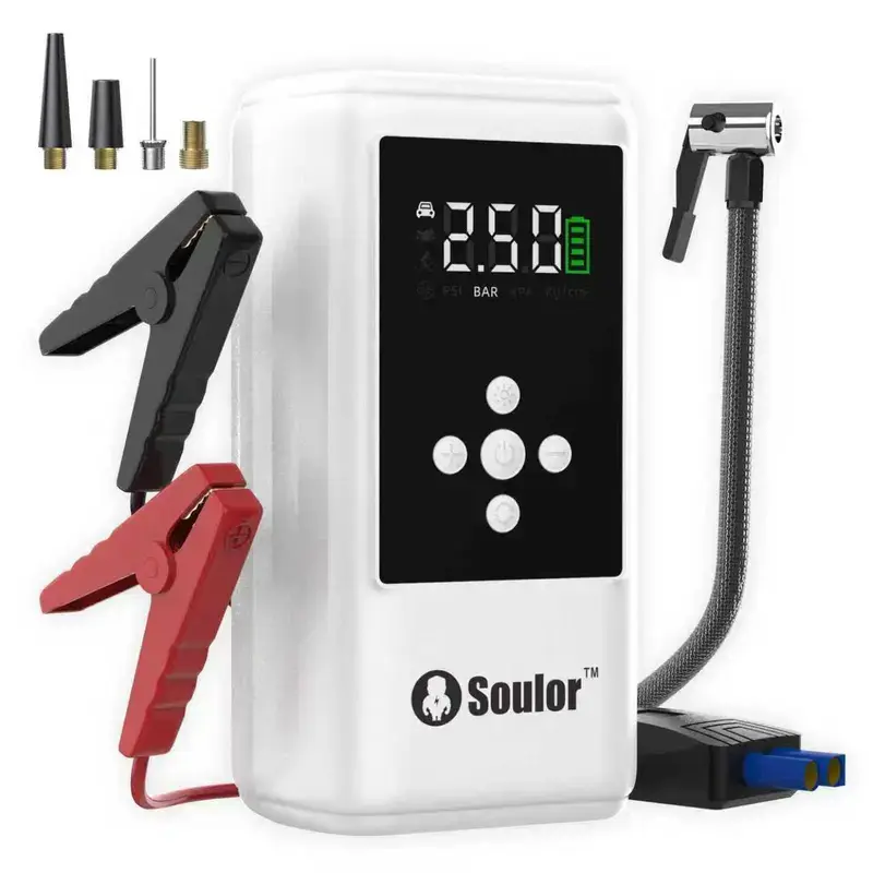 Soulor Arrancador de batería 5 en 1, arrancador de coche de 1000 A/2000 A con bomba de aire de 150 PSI, inflador y desinflador digital de neumáticos, cargador portátil de batería para coche con puerto USB y luz LED para vehículos de gasolina, mante - Foto 9