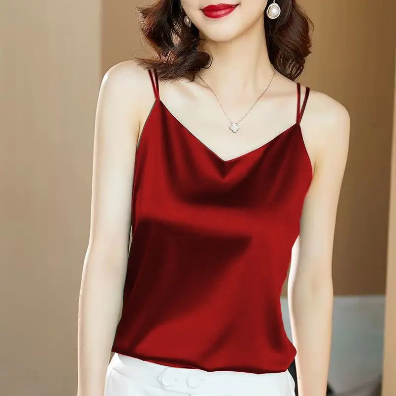 Áo Yếm Satin Lụa Lạnh Mùa Hè, Dành Cho Nữ, Thích Hợp Để Đi Xe Cơ Bản, Thiết Kế Đẹp, Độc Đáo, Có Thể Mặc Ngoài Trời, Áo Khoác Giấu Bụng 4