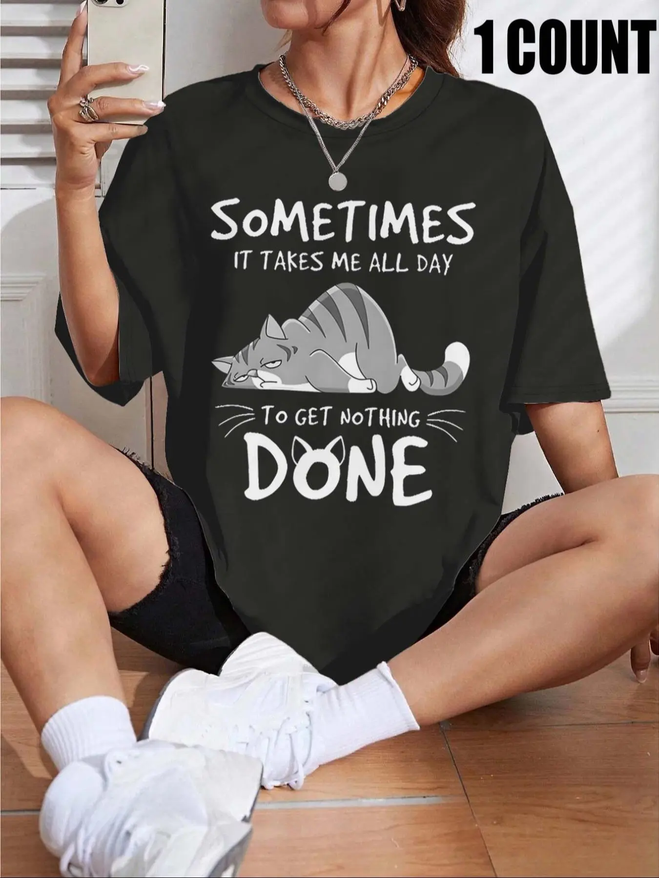 Women's Cat Print Round Neck Graphic Tee, Vintage Trendy Casual Short Sleeve T-shirt for Daily Wear, Ladies Summer Outfit, Top
