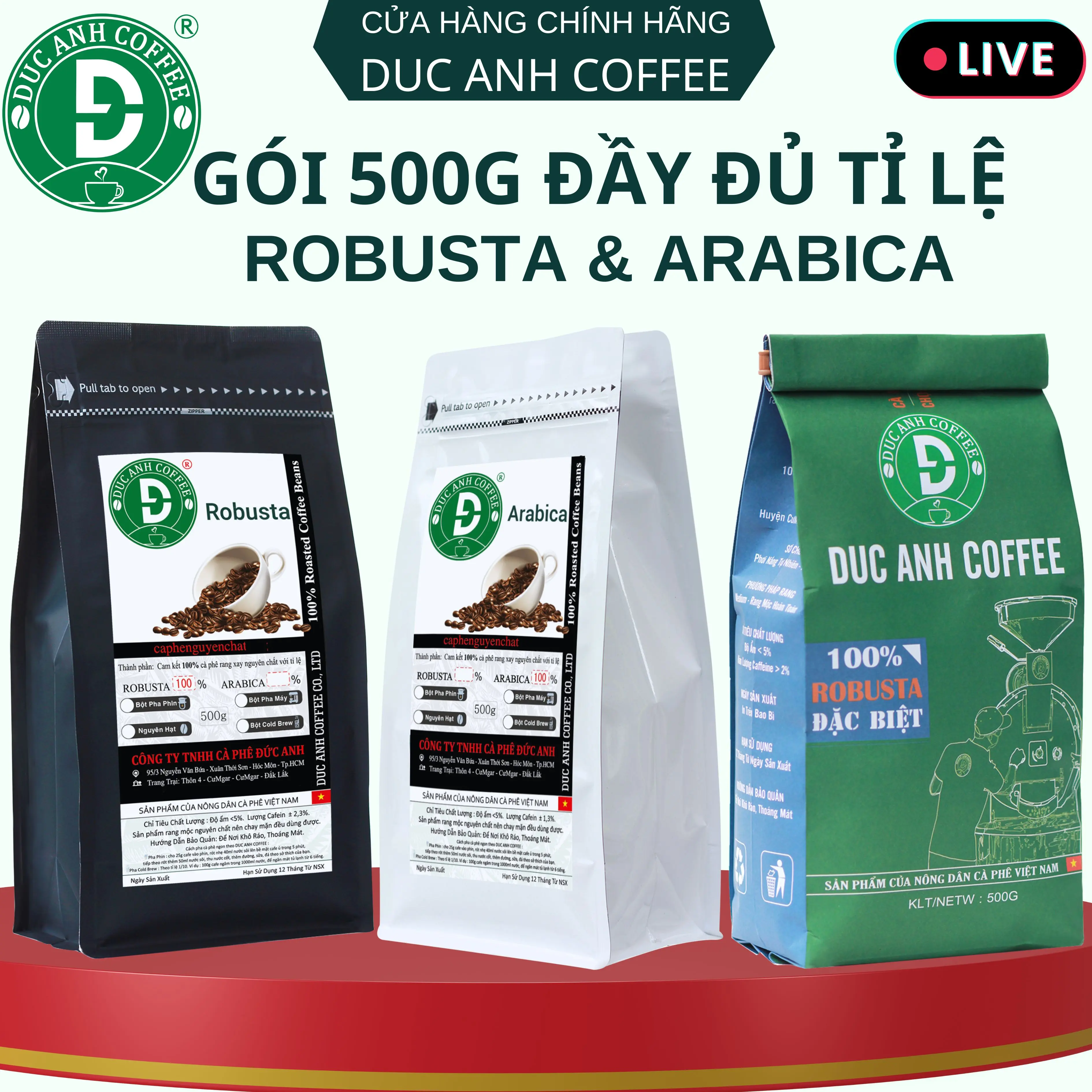 Gói 500g Cà Phê Nguyên Chất Đầy Đủ Tỉ Lệ DUC ANH COFFEE Rang Mộc Pha Phin, Pha Máy, Cold Brew, Bột Hạt Tùy Chọn