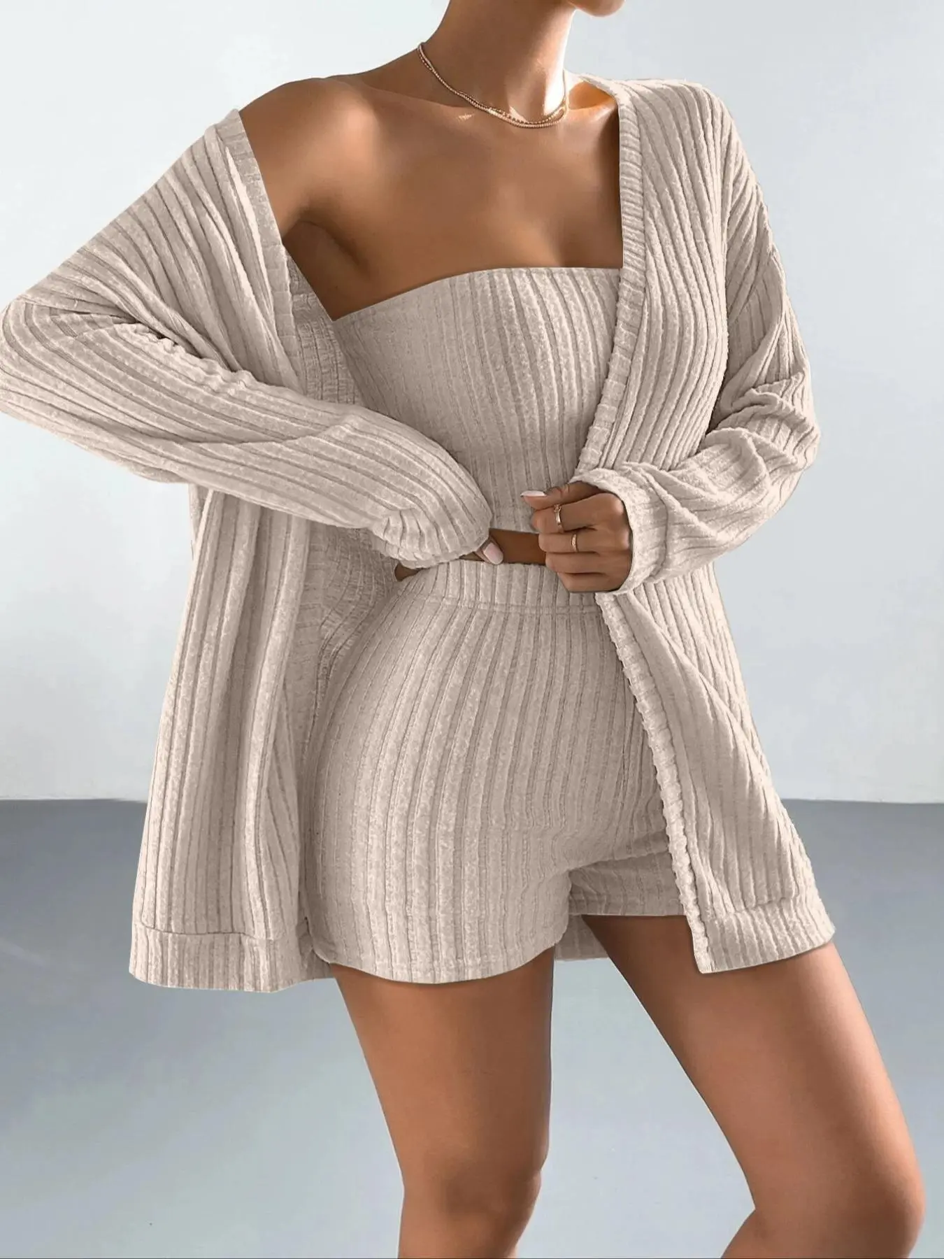 Three-piece Set Women's Solid Ribbed Three-piece Set, Casual Long Sleeve  Drop Shoulder Coat & High Waist Shorts & Crop Tube Top Set, Ladies Clothes for Spring & Fall Daily Wear, Co-ords Set