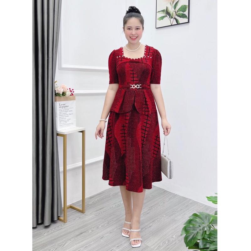 Đầm Trung Niên Dáng lửng Cổ Vuông M511 Vải Thun Nhủ Dệt Kim Tuyến Ôm gọn Dáng Thanh lịch Dress Váy Nữ Women Màu Đỏ, vàng, đồng, bích, bạc, đen, Voi Nhung