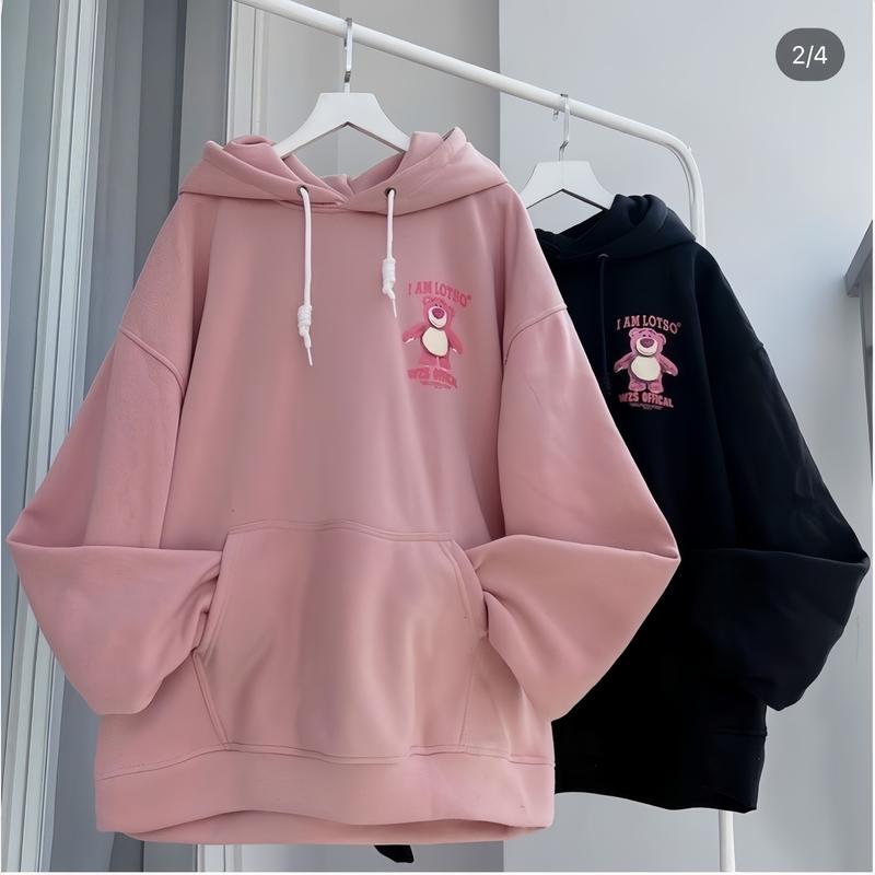 Áo Khoác Hoodie Lót Nỉ CHÚ GẤU Nam Nữ Freesize Dưới 55kg Nhung Kem Voi  Women Đen Top 1