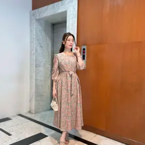 FADFAD Gaun Lengan Panjang Model Balon Motif Cetak Unik Dengan Bentul Leher U