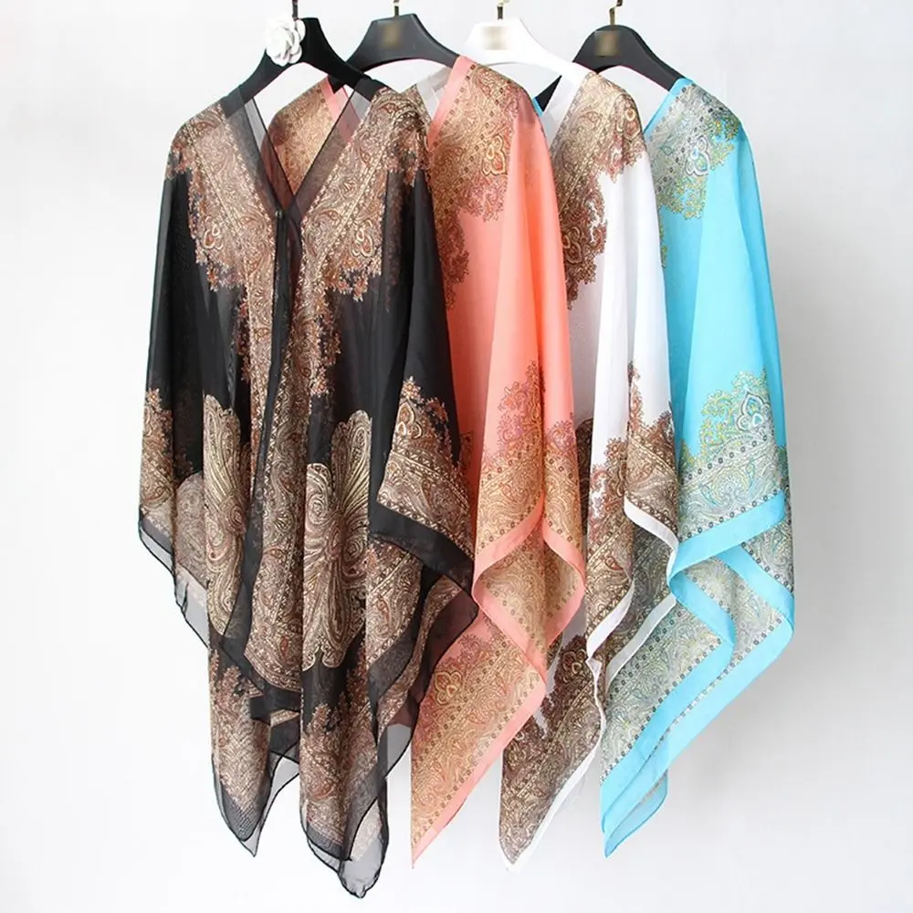 Retro Simple For Women Bikini Cover Printing Ethnic Style Floral Bohemian Style Scarves Female Wraps Chiffon Scarf Sunscreen Scarf Korean Style Shawl