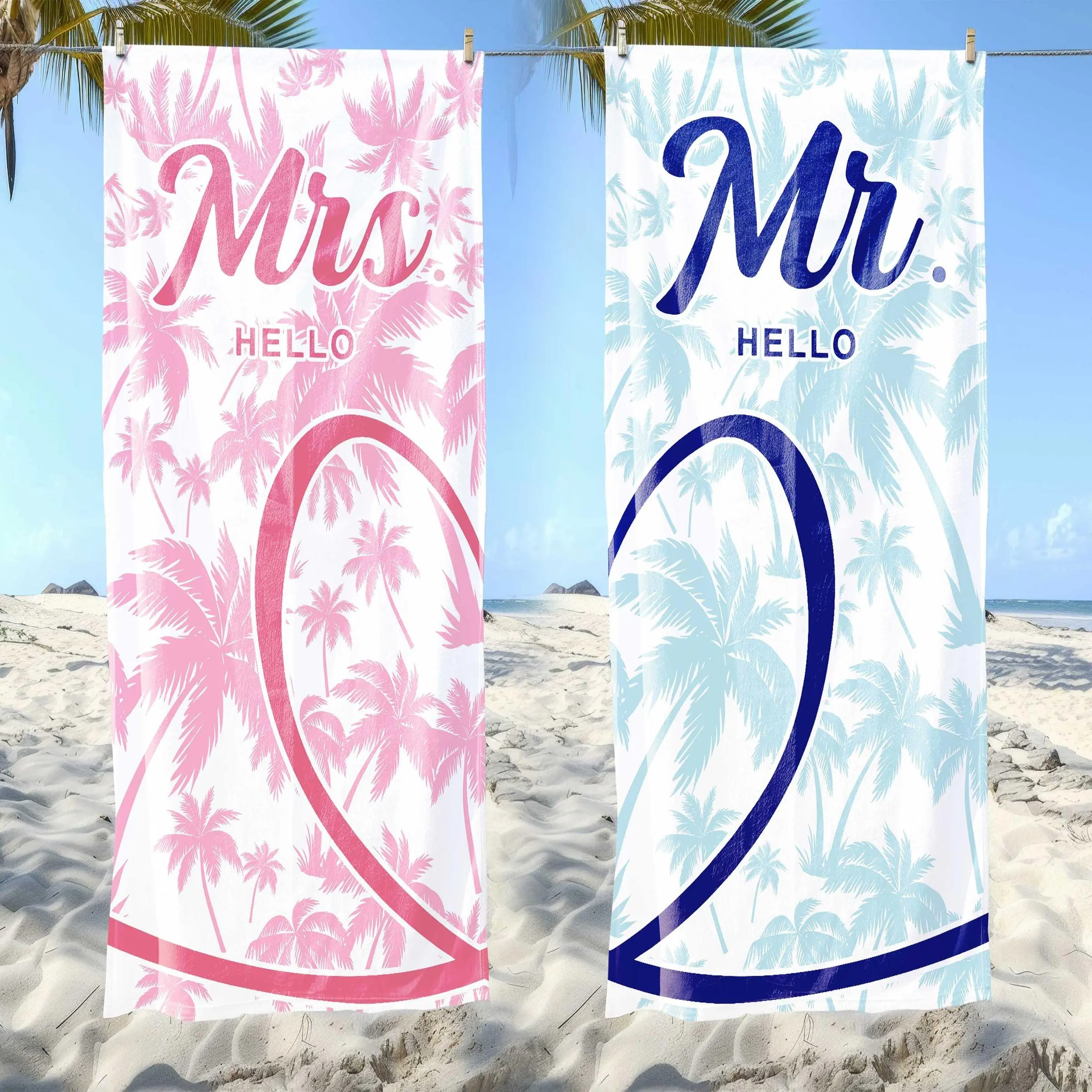 Mr & Mrs Letter Pattern Beach Towel, 1 Count Soft Water Absorbent Towel, Quick Drying Towel for Beach Swimming, Outdoor, Travel and Summer Entertainment