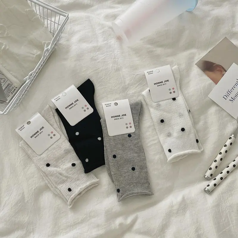 Polka Dot Socks for Women's Mid-Tube Socks Ins Trendy Summer Thin Cotton Day Student Mesh Breathable Hem Pile Stockings Womenswear Fits