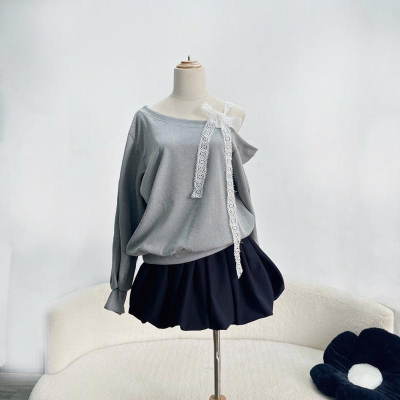 Áo thun rộng sweater dáng rộng phối dây ren trễ vai chuppy cho nữ Đậu bigsize Hoodie Dài Tay ( G176 CV413 )