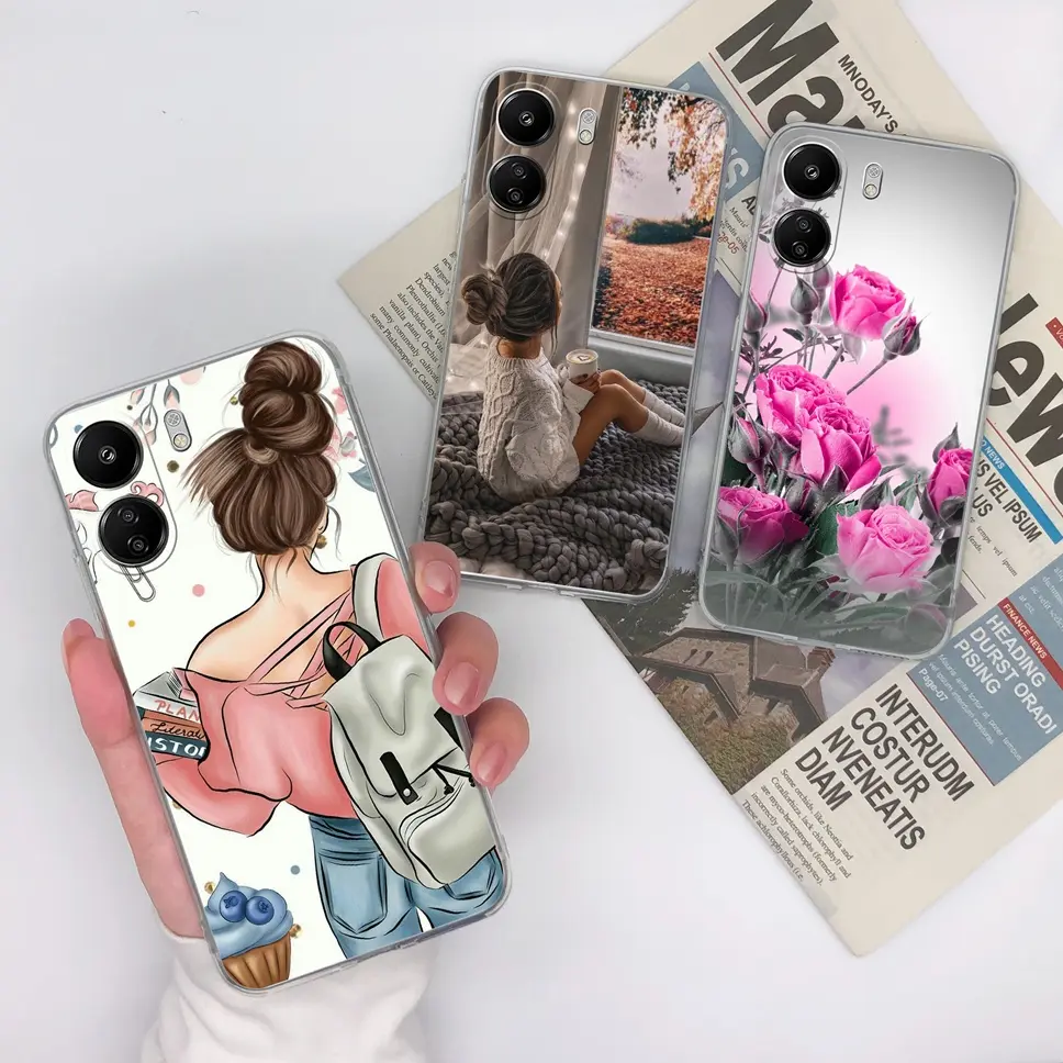 Casing For Redmi 13C 4G 5G Girl Flower Love Heart Slim Transparent Anti Drop Phone Back Cover Soft Silicone Protective Bumper For Xiaomi Redmi13C Housing
