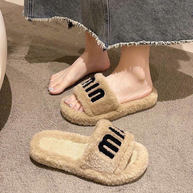 Dép lông min cho nữ bản đế thấp 2cm, dép lông đi trong nhà lót nỉ êm chân, chữ Min thêu bản to 3TDEP