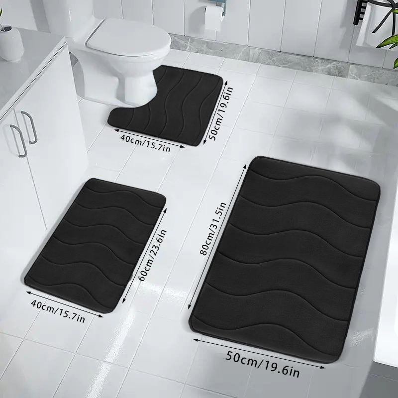 Soft Non-slip Bathroom Mat Set, 3pcs/set Household Wave Embossed Quick-dry Rug, Washable Water Absorbent Floor Pad, Household Bundle Bathroom Accessories 3