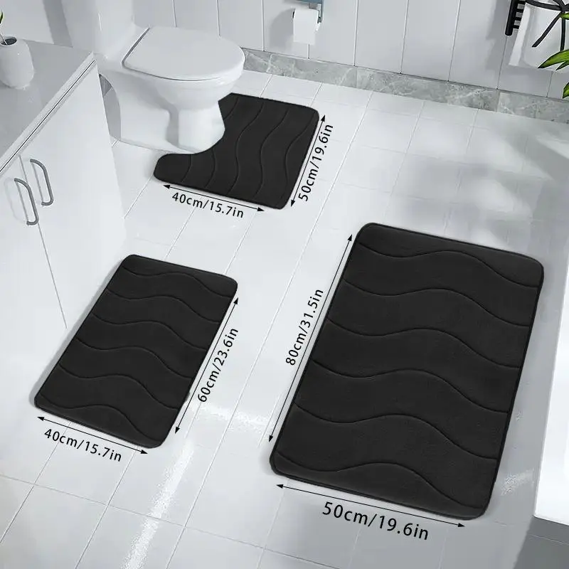 Soft Non-slip Bathroom Mat Set, 3pcs/set Household Wave Embossed Quick-dry Rug, Washable Water Absorbent Floor Pad, Household Bundle Bathroom Accessories 3