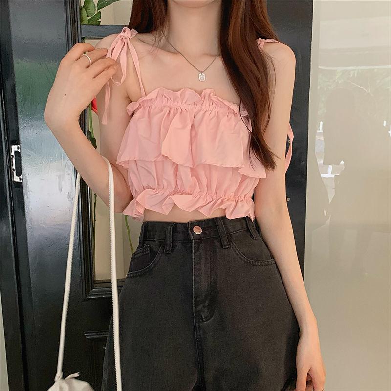 Product Introduction of Women's 2023 New Summer Tank Top with Ruffle Edge Strap Top High Waist Sleeveless Bra and Open Umbilical Top Womenswear Tube Lingerie Comfort Basic Minimalist Spaghetti Strap 12