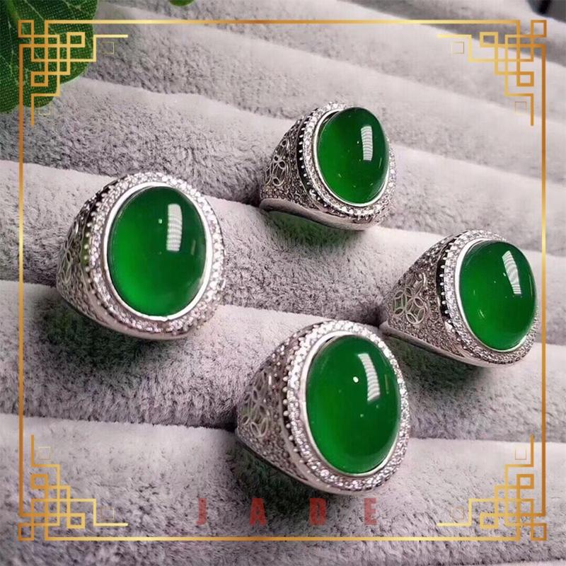 Product Introduction of [Lucky Jade] S925 Silver-Plated Inlaid Green Chalcedony Men's Rings High-End Gift 87