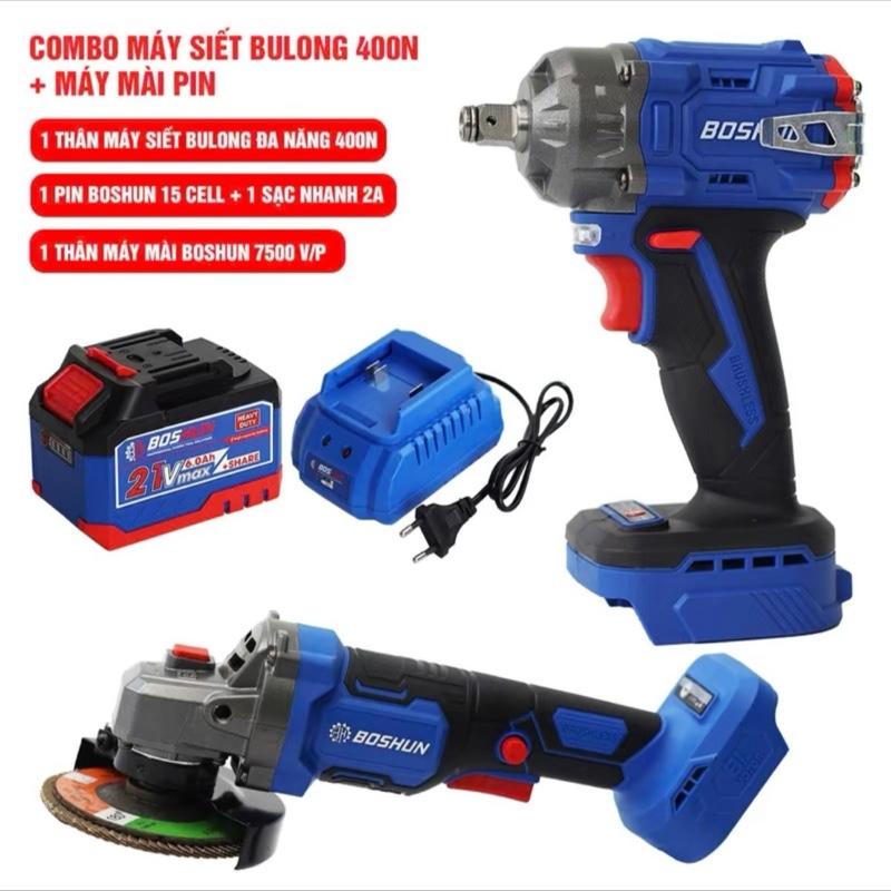 Combo 2 máy Siết Bulong 400n.m + Máy cắt chính hãng Boshun + 1pin 15cell + sạc - Máy cắt có chống sốc đá và chống khởi động lại - chân pin phổ thông m21 - bảo hành 12 tháng 1