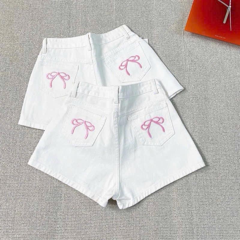 [J07] Quần Short Jean Kaki Túi Thêu Nơ 3 Màu Đen Trắng Xanh jean/ Quần Short Túi 2 Nơ Hồng - 1 Nơ Đen Trắng/ Quần Đùi Nữ Nơ Xinh Năng Động Women Pants Có Túi Lịch Nhung