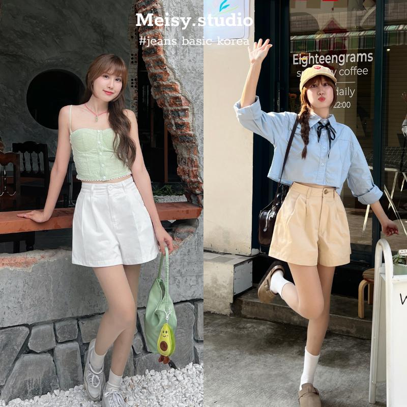  Quần short đùi nữ ống rộng cạp lưng cao chất thô Hàn có chiết ly màu trắng nâu phong cách Hàn Quốc Meisy women short 