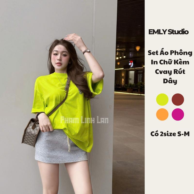  EMLYvn - Set Áo Phông In Chữ Dáng Rộng Set Bộ Chân Váy Rút Dây Set Đồ Nữ Kèm Chân Váy hot trend 2025 