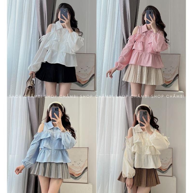 Áo sơ mi nữ dài tay A.574, Áo sơ mi tay dài bo nhẹ hở vai 3 tầng phong cách tiểu thư nhẹ nhàng - Shop Chấm Bi
