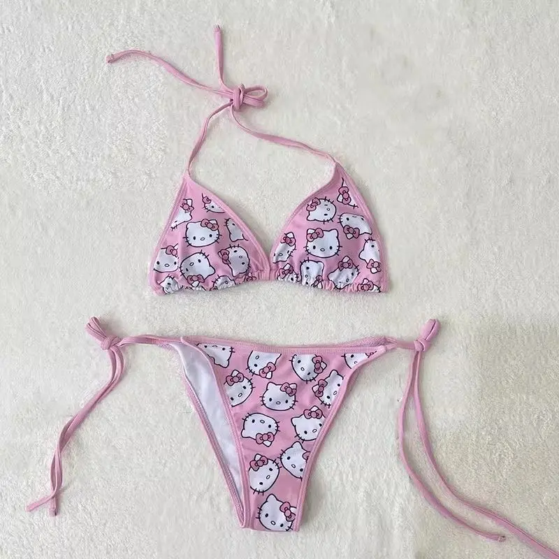 Bikini Màu Hồng, Thiết Kế Cô Gái Dễ Thương Hellokitty, Dành Cho Phụ Nữ, Ngực Nhỏ Đẩy Lên, Áo Tắm Xẻ Tà, Thích Hợp Cho Mùa Hè, Nóng Bỏng, Phong Cách
