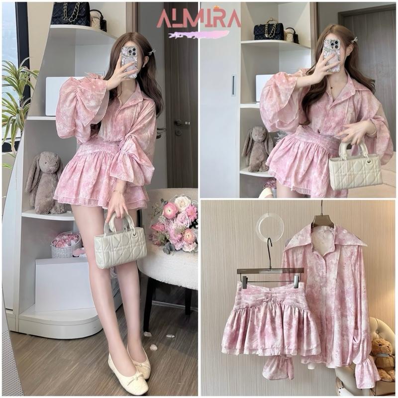  Sét Váy Màu Hồng Loang Gồm Áo Sơ Mi Tay Phồng Xoè + Chân Váy 2 Tầng 