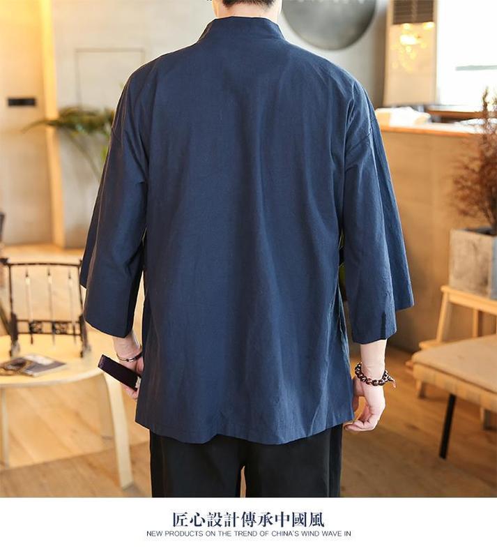Product Introduction of Quần Áo Ba Phần Tư Tay Áo Cho Nam, Áo Có Ve Áo Mùa Hè Phong Cách Trung Quốc, Quần Áo Phật Giáo Thiền Lay, Quần Áo Trà Phong Cách Cổ Xưa, Áo Choàng Vải Lanh Cotton 30