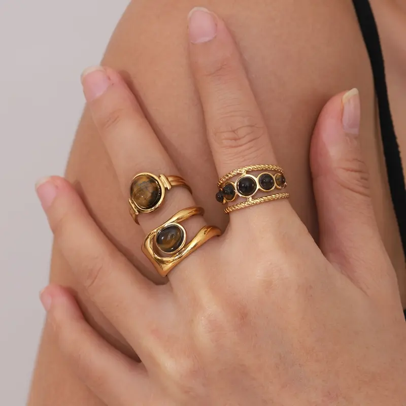 Round Hollow Ring With An Opening Adjustment Set Natural Stone Stainless Steel Golden Simple Palace Style Gift Banquet Jewelry Light Luxury Ring 1