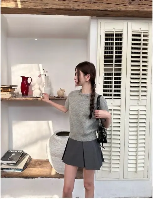 Áo cộc tay MY MODA  dệt kim cổ đính đá thời trang sang trọng nữ tính MM442