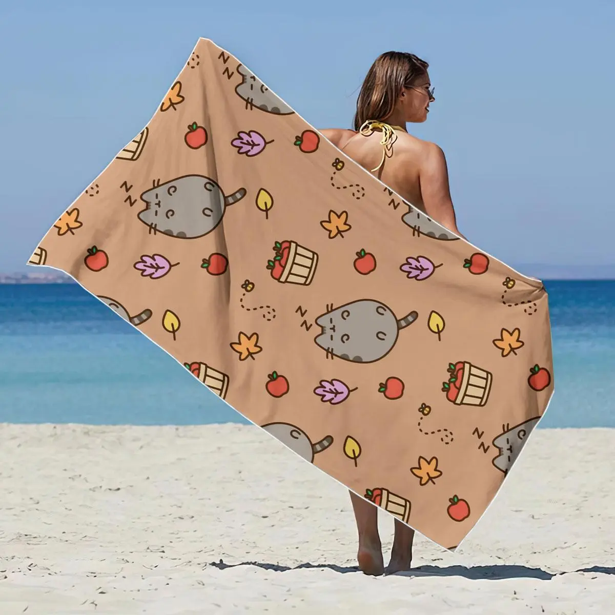 Cartoon Cat Pattern Beach Towel, Soft Absorbent Towel, Lightweight Quick Drying Towel for Camping Yoga Swimming, Beach Towel for Women & Men