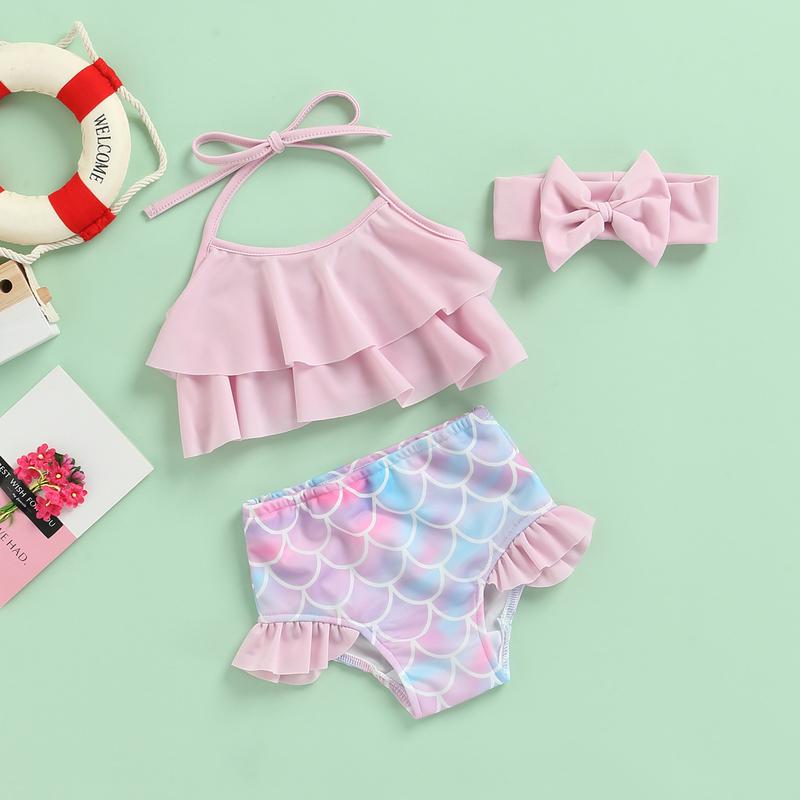 Product Introduction of Toddler Baby Girl Swimsuit Halter Ruffles Tops Mermaid Shorts Headband Bathing Suit Swimwear 3Pcs Bikini Set 34