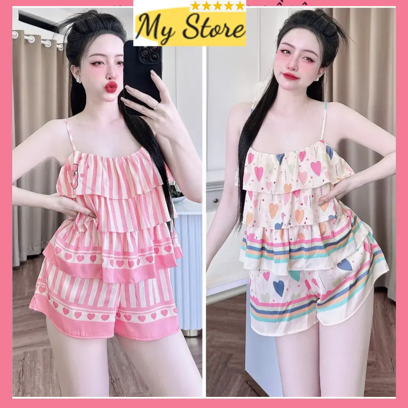 Bộ đồ ngủ đùi nữ áo 2 dây họa tiết thiết kế 3 tầng xinh xắn chất liệu lụa latin mịn mát freesize dưới 60kg My STORE