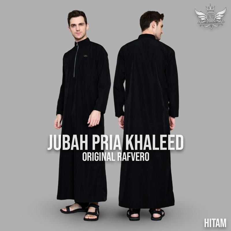 RAFVERO Jubah Pria Khaleed Dewasa Hitam Polos Muslim Panjang Bahan BSY Premium Size M L XL Gamis Pria Lazat Non Katun Non Sutra 1