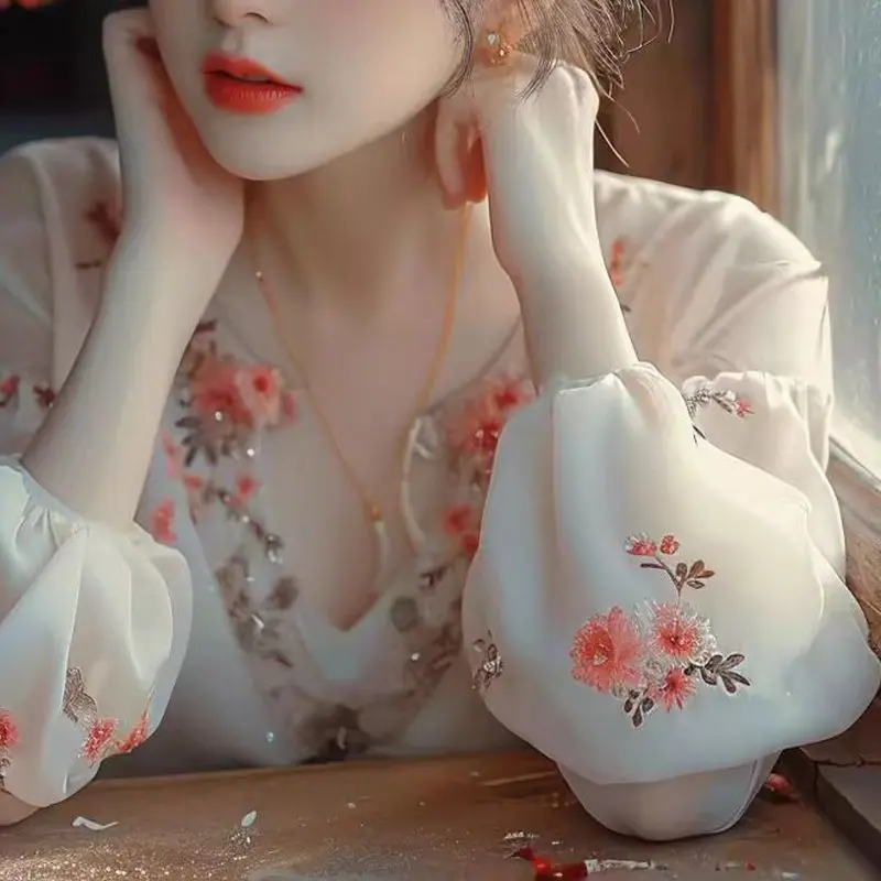 Áo Sơ Mi Nữ, Phong Cách Thường Ngày Ăn Mặc, Thiết Kế Hoa Trung Quốc Và Pháp, Hàng Mới Về, Thời Trang Xuân Hè, Sang Trọng Và Đẹp, Áo Sơ Mi Nhỏ Cao Cấp Và Tinh Tế, Áo Công Nghiệp Nặng 3