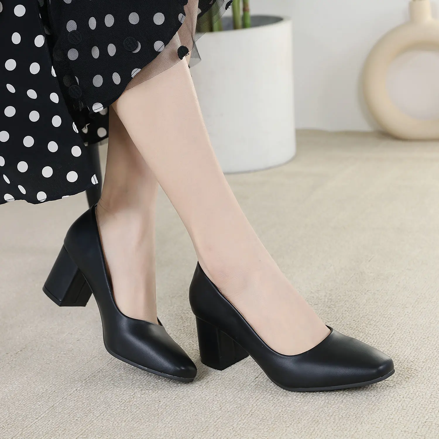 [COD]Korean 2 Inch Elegant Student Fashion Square Toe Leather Slip on Black Heels for Women Office Heels Walking Shoes Girl Heeled Classy