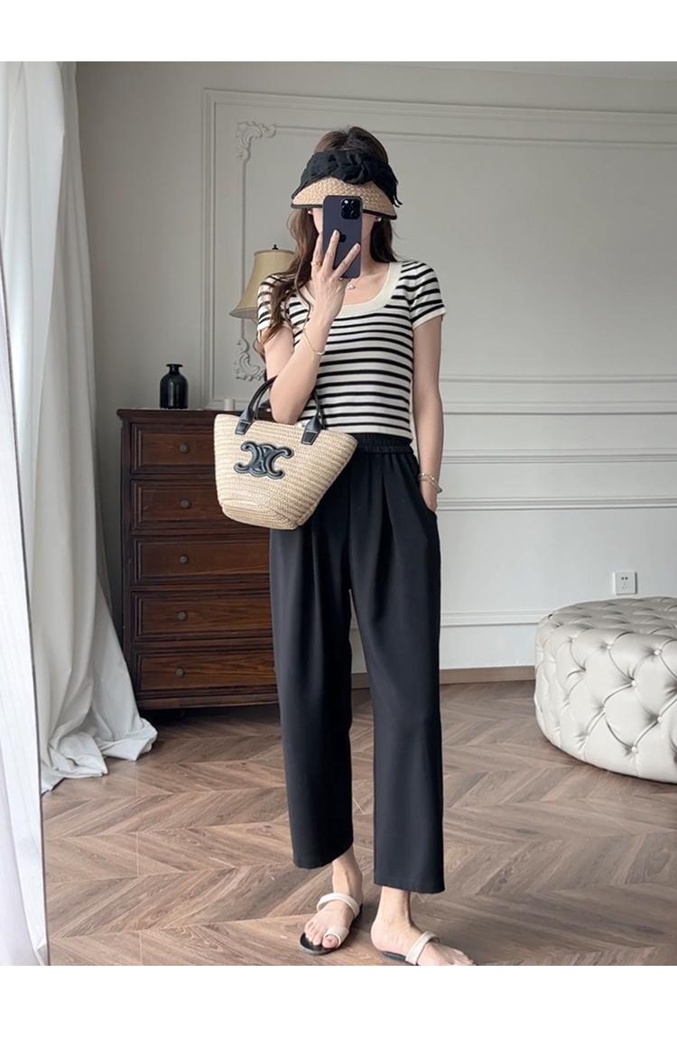 Product Introduction of Striped Short Style Top Design Sense Niche 2024 New Summer Sweet Slim Fit Inner Shoulder Short-Sleeved T-shirt Women's Striped Short-Sleeved Top 9