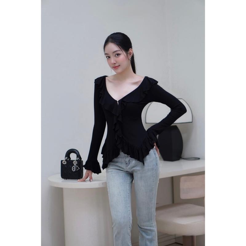 (40-80Kg) Áo Thun Kiểu Cổ Tim Tay Dài Phối Viền Tua Rua (Có BigSize) UnihomeClothing CA308